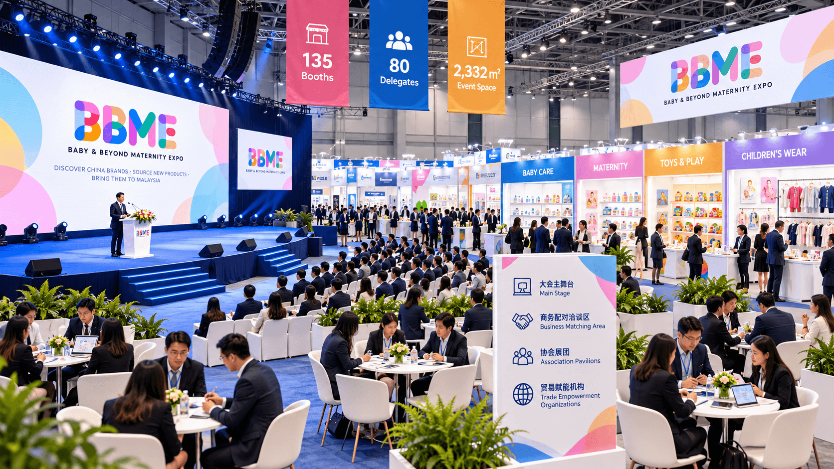 BBME conference hall with a main stage, delegates at round tables, and booths for baby care, maternity, toys and children's wear beyond