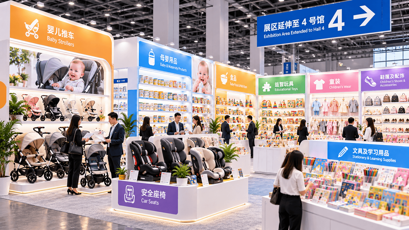 Exhibition booths of baby strollers, maternity products, food, educational toys, children's wear and car seats, with a sign pointing on to Hall 4