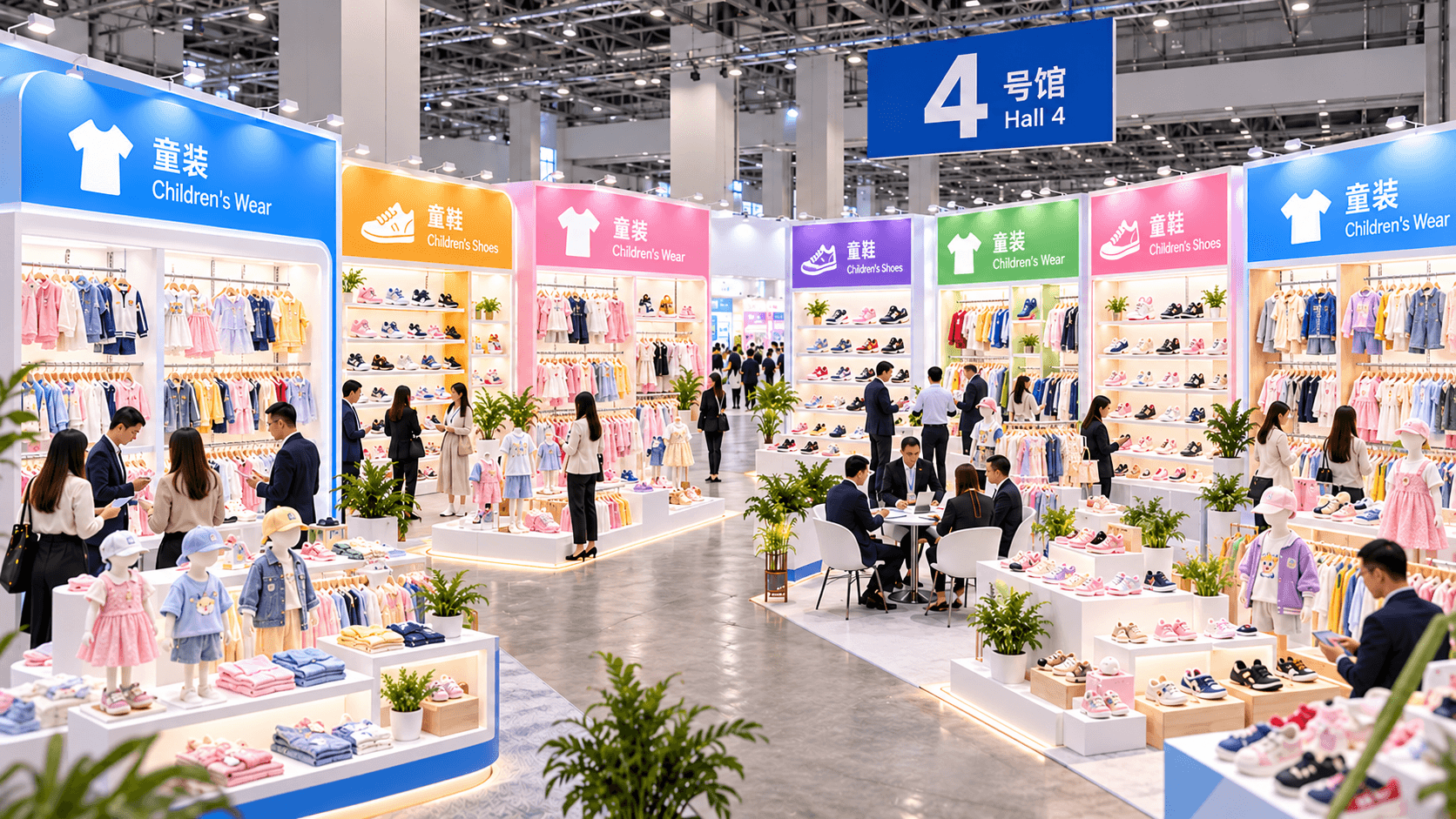 Hall 4 aisle lined with children's wear and children's shoe booths, mannequins and visitors browsing the displays