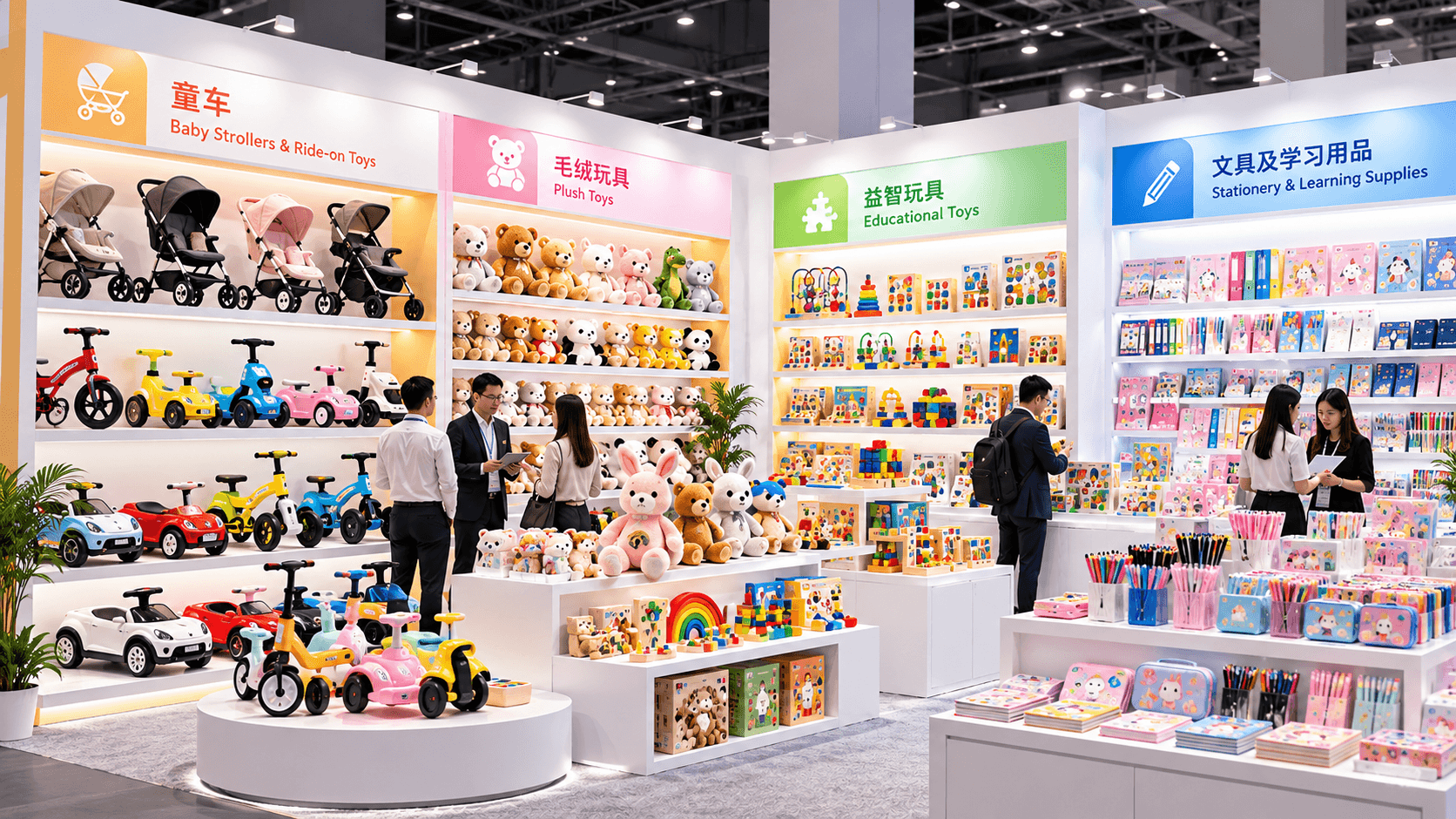 Exhibition booth of baby strollers and ride-on toys, with shelves of plush toys, educational toys and stationery, and visitors talking in the aisle